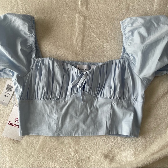 Aritzia Sunday Best Countess Blouse Medium Blue Glimmer Top Shirt puff blouse - Picture 2 of 12